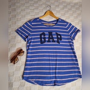 WOMENS L GAP Logo Crewneck Stripe Cap Short Sleeve Top Blue pink T-Shirt